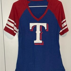 Texas Rangers Blue and Red V-Neck T-Shirt Women S
